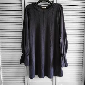 New In Textured Knit Dark Gray Bell Sleeve Dress